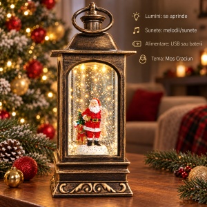 Felinar decorativ de Craciun cu lumini si sunete, alimentare USB si baterii, 28x12x12cm - Img 2