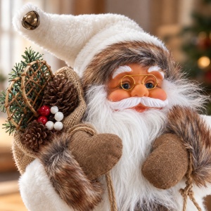 Figurină decorativă Moș Crăciun, cu sac în spate și săniuță, alb-maro, 65 cm - Img 4