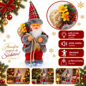 Figurină Moș Crăciun interactiv cu sunete, lumini și mișcări de dans, săculeț cu flori, 28x10 cm