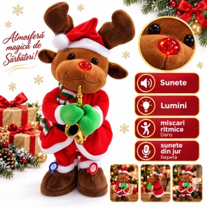 Figurina Ren interactiv din pluș cu saxofon, lumini și dans, pe baterii, 45x15 cm - Img 6