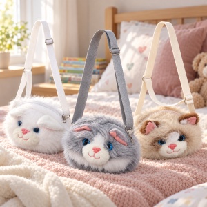 Gentuță de umăr pentru copii, model pisicuță, blăniță plușată, fermoar, 20 cm - Img 4