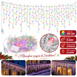 Instalație LED Tip țurțuri, 8 m, 200 LED-uri, multicolor, fir alb, interior/exterior, interconectabila - Img 6