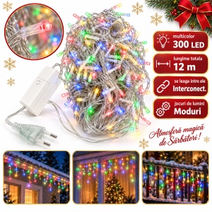 Instalatie LED tip turturi de Craciun, 12 m, 300 LED, multicolor, interconectabila