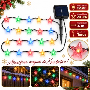 Instalație solară de Crăciun, tip liniar, 20 LED-uri multicolore in forma de stea , 4 m, fir negru