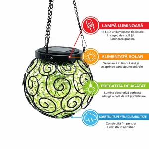 Lampă decorativă suspendată cu LED solar din sticlă și metal, verde/negru, pentru grădină