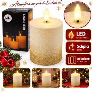 Lumânare LED decorativă de Crăciun, flacără realistă, sclipici auriu, 10x8,5 cm, plastic