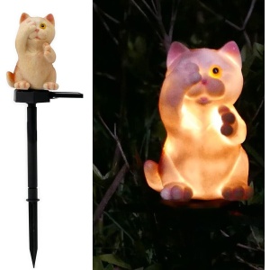 Lumină Solară Decorativă în Formă de Pisică, Polirășină, 15 cm, Crem