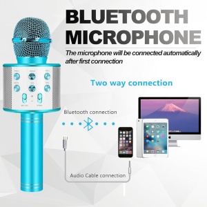 Microfon karaoke wireless Bluetooth cu difuzor, voice changer, USB si TF Card, albastru - Img 3