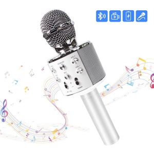 Microfon karaoke wireless Bluetooth cu difuzor, voice changer, USB si TF Card, argintiu