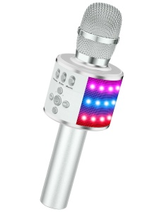 Microfon karaoke wireless cu boxa Bluetooth, efecte vocale si lumini LED, argintiu