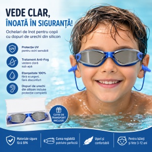Ochelari de inot copii albastri reglabili cu dopuri de urechi din silicon anti-fog UV - Img 2