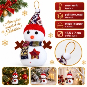 Ornament de Crăciun pentru brad, om de zăpadă pufos, polistiren și textil, 15,5 cm