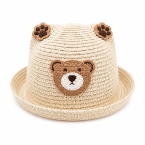 Palarie crem copii cu ursulet, crosetata manual, bumbac, model adorabil