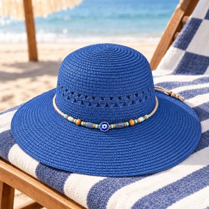 Pălărie de Plajă Albastră cu Boruri Largi și Accesoriu Decorativ - Img 5