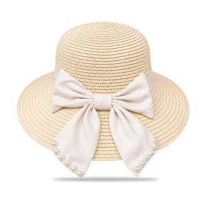Pălărie de Plajă Crem cu Fundă Elegantă și Perle – Damă
