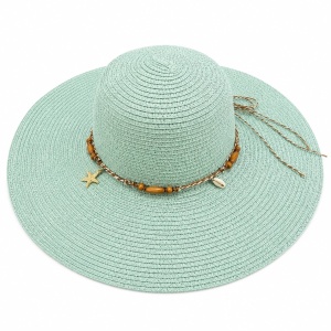 Pălărie de Soare Damă Verde Mentă cu Bor Lat și Accesorii Decorative – Elegantă