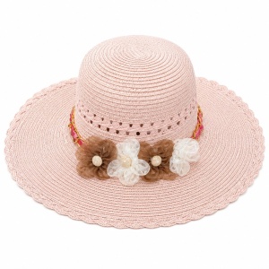 Palarie de Soare pentru Femei, Roz Pudrat, cu Floricele Decorative, Boruri Largi, Design Elegant