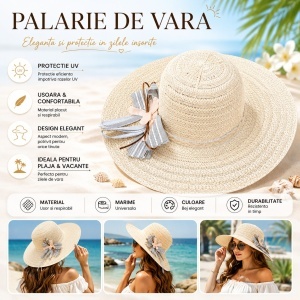 Palarie de Vara Bej cu Bor Larg si Fundita Decorativa pentru Femei Elegante - Img 2