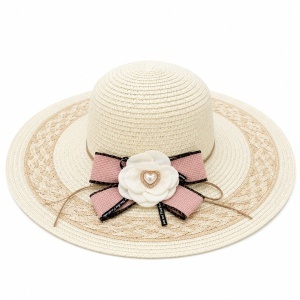 Palarie de Vara Eleganta pentru Femei, Bej cu Floare Decorativa si Fundita Roz