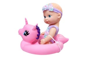 Păpușă Bebelus Luna Bebe cu colac unicorn roz pentru baie, 17.3 cm
