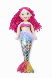 Papusa sirena textila muzicala 42 cm, canta „Bau Bau”, coada curcubeu, par roz, +3 ani