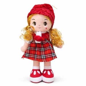 Papusa textila muzicala 40 cm, canta „Bau Bau”, rochie rosie, jucarie copii +3 ani