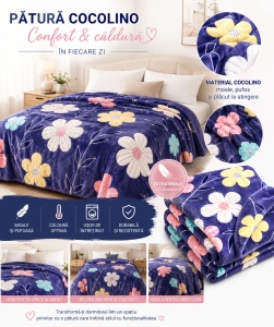 Patura Cocolino Pufoasa cu Model Floral Multicolor, 200x220 cm, Mov Inchis