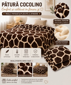 Patura Cocolino Pufoasa Model Girafa, Crem/Maro, 200x220 cm