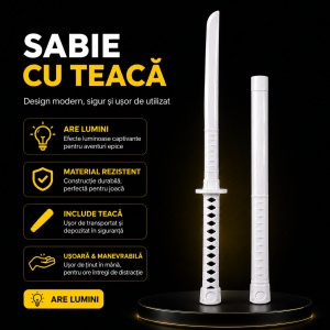 Sabie cu teacă și lumini LED, cu detalii negre, 67 cm – sabie de jucărie din plastic - Img 2