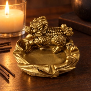 Scrumieră decorativă din rășină cu statuetă de dragon auriu, 11x9 cm - Img 3