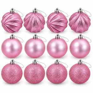 Set 12 globuri de brad roz, modele asortate, cu sclipici, 17 × 12 cm - Img 5