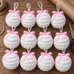 Set 12 globuri de Crăciun din material textil, alb cu fundă roz, 34x24x7cm - Img 4