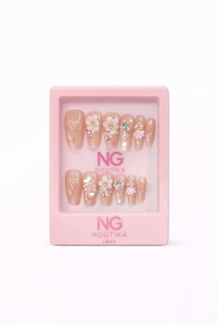 Set 12 perechi unghii false tip Press-On cu decor flori si cristale - Img 2