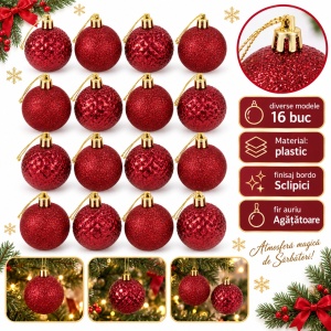 Set 16 globuri de Crăciun bordo, plastic, modele diverse, agățătoare aurie, tub 37x19 cm
