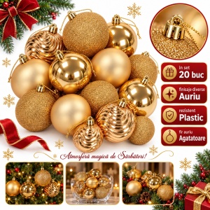 Set 20 globuri de Crăciun aurii, modele lucios, mat, sclipici și relief, plastic, tub 54×24 cm