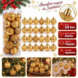 Set 24 buc globuri de Crăciun aurii, plastic, diverse modele, tub aprox. 30×10 cm, agățătoare aurie