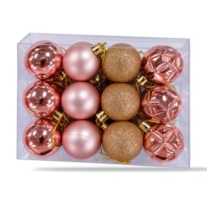 Set 24 globulețe de Crăciun rose-gold, plastic, 4 modele, agățătoare aurie - Img 3