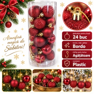 Set 24 globuri de Crăciun bordo, plastic, cu agățătoare, tub 28 x 11 cm