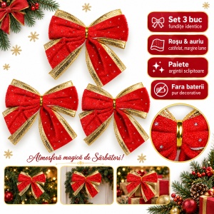 Set 3 buc Fundițe de Crăciun, catifea roșie cu auriu și paiete argintii, ambalaj aprox. 28×13 cm