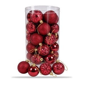 Set 34 globuri de Crăciun bordo, texturi glitter mat lucios, plastic, tub 40 x 22 cm - Img 2