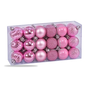 Set 36 globuri de Crăciun roz, 6 modele, plastic, agățătoare argintie, cutie 29 x 14 cm - Img 3