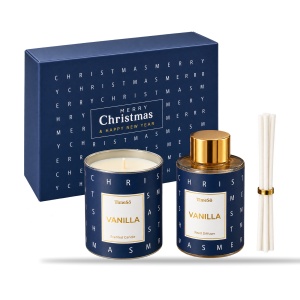 Set cadou cu lumânare din ceară și odorizant cu bețișoare, parfum vanilie, albastru, 23×18 cm - Img 2