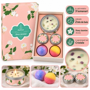 Set cadou Wax Wonder cu lumânări parfumate și bile de baie, aromă Jasmine, 20,5x14 cm