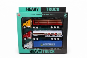 Set cu 3 camioane jucarie copii, transport lemne, cisterna si container, 24x22.5 cm