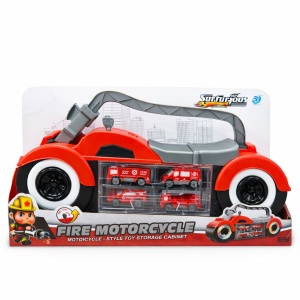 Set cu 4 Masinute Pompieri cu Cutie Depozitare Motocicleta, 41 cm, Lumini si Sunete