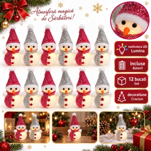 Set de 12 decoratiuni Oameni de zăpadă, roz si argintiu, cu lumini multicolore ,din plastic, 13x7 cm
