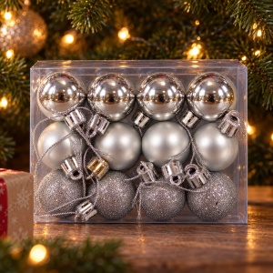 Set de 12 Globulețe Argintii pentru Brad, Lucioase, Mate și cu Sclipici, din Plastic, 3 cm - Img 4