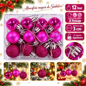 Set de 12 globulete de brad, fucsia , din plastic, modele diverse in set, 3 cm