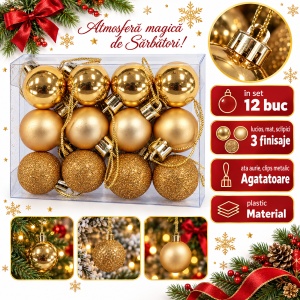 Set de 12 globulete de Crăciun aurii, modele asortate, din plastic, 3 cm - Img 2