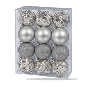 Set de 12 globuri de Crăciun argintii, model mat, cu sclipici și reliefat, din plastic - Img 3